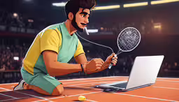 a man sitting on a tennis court while using a laptop,man wearing tennis clothes kneeling while playing on a laptop