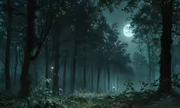 there is a dark forest scene with tall trees