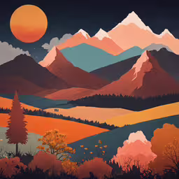 there are mountains that appear to be painted with orange and blue,mountains are featured as the sun sets