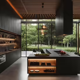 the kitchen area is full of black cabinets