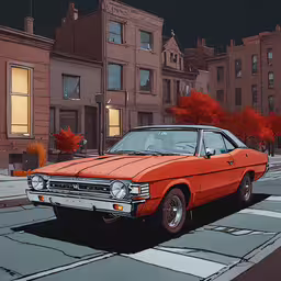 an orange car parked on a city street,an orange car parked on a street at night