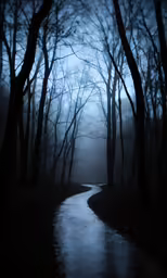 the road in the woods is covered by a bright blue light