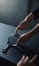 two people using their hand held through a magnifying glass