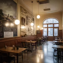 a view inside a restaurant with many tables and chairs