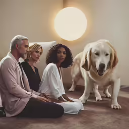 three people are sitting down next to a dog