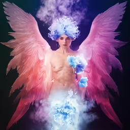 a young male with an angel wings and flower decorations around his torso