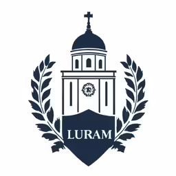 a white logo with a church in the background