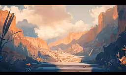 this is a painting of some mountains with clouds above