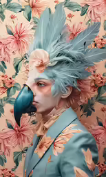 an artistic, realistic portrait of a person with painted hair and feathers on it