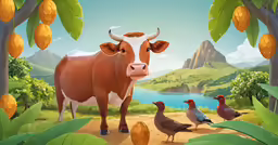 a cow and geese in an animated field