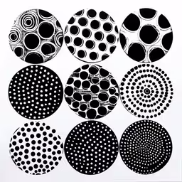 black and white dots arranged in circles,a white background with different types of circular paintings on it
