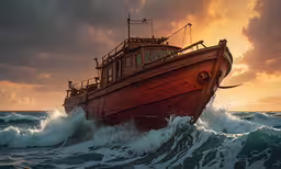 a boat is coming into the water at sunset,a large ship in rough ocean water at sunset