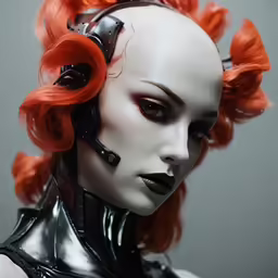 a very close up view of a female with red hair and headgear