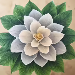 a large white and blue flower with green leaves
