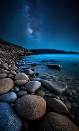 rocks near the water under a starr filled sky