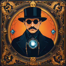 the man with the steam clock in his hands,a painting of walter bond wearing sunglasses and a top hat with a circular medallion in the background