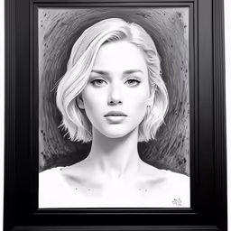 a black and white drawing of a blonde haired woman