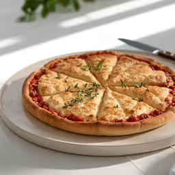 a thin crust pizza is shown on a plate with a sharp knife