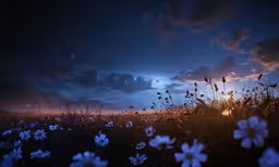 a field filled with lots of blue flowers at night