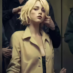 a blonde girl that has short hair standing up