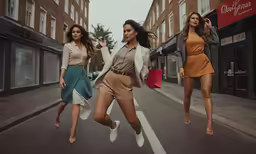 three beautiful young women dressed in brown clothing running across the street