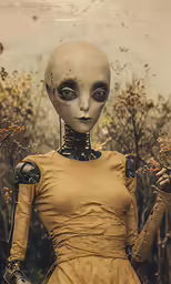 a creepy woman with many arms, wearing a dress and gloves