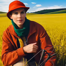 an image of a woman in orange standing in a field
