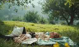 a young woman lying on top of a blanket in the grass