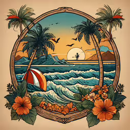an artistic drawing of a beach scene,the sunset, palm trees and ocean with a boat in it