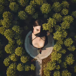a woman with black bra hanging out looking down from a tree