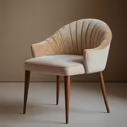 an upholstered chair with a rounded back, in white and brown
