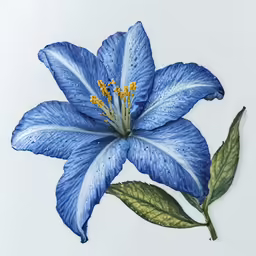 a blue flower on a white surface with leaves