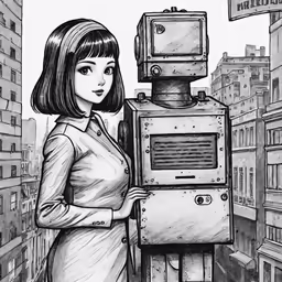 a drawing of a woman standing next to a machine
