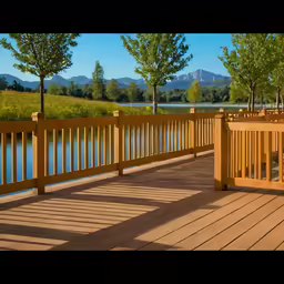 some brown railing on a wooden deck next to some water