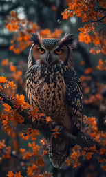 an owl is perched on a branch among bright fall colored leaves