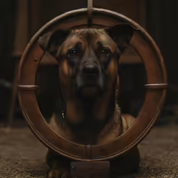 a brown and black dog sitting in a circular object