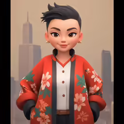a man with a floral top standing in front of a cityscape