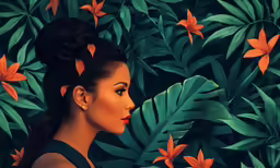 a woman with a ponytail and black top surrounded by green leaves