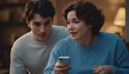 two people using cell phones while sitting on a couch