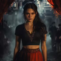 a woman stands in an alley in the shadows