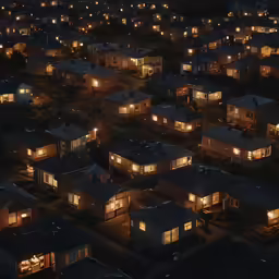 houses lit up and outside at night with lights