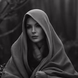 black and white photograph of a woman wrapped in a blanket