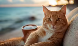 an orange and white cat sitting on the edge of a cliff
