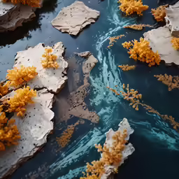 water with rocks and yellow plants on top