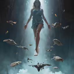 an artistic painting of a woman running across the water