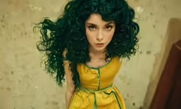 a woman is wearing an unusual green wig