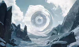 a science fiction scene with futuristic circular elements floating in the sky