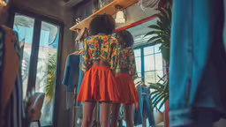 a person is looking at an item in a shop window,a woman looks in the mirror at her dress