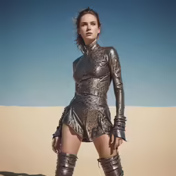 woman standing in metallic body suit on sand dune