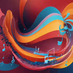 an abstract colorful background with music notes and musical staffs,music themed artwork with colored waves and notes